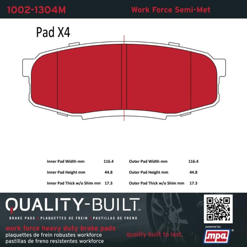 MPA 1002-1304M Quality-Built Work Force Heavy Duty Brake Pads w/ Hardware