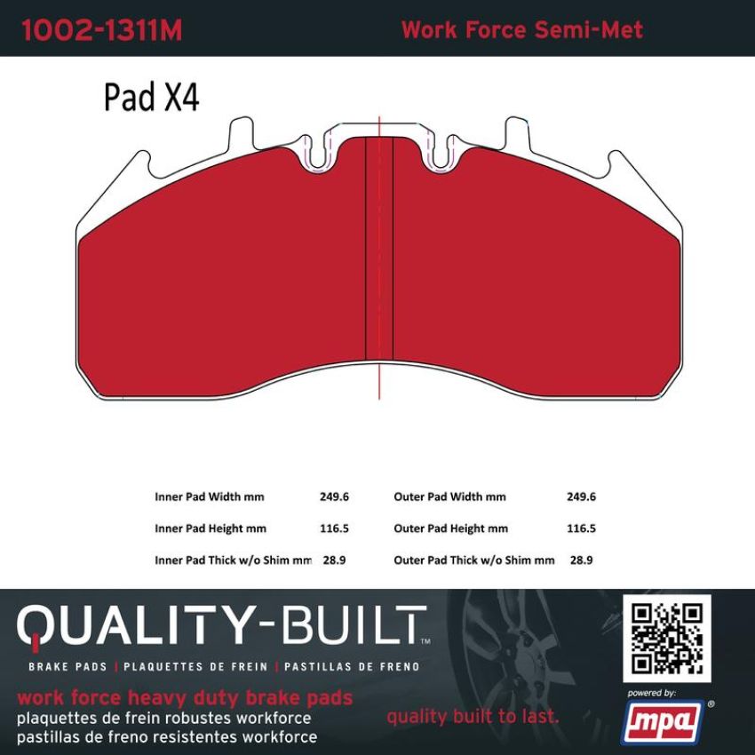 MPA 1002-1311M Quality-Built Work Force Heavy Duty Brake Pads
