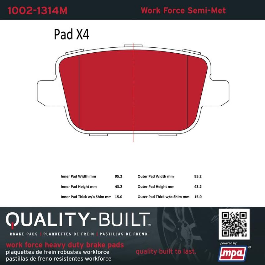 MPA 1002-1314M Quality-Built Work Force Heavy Duty Brake Pads w/ Hardware