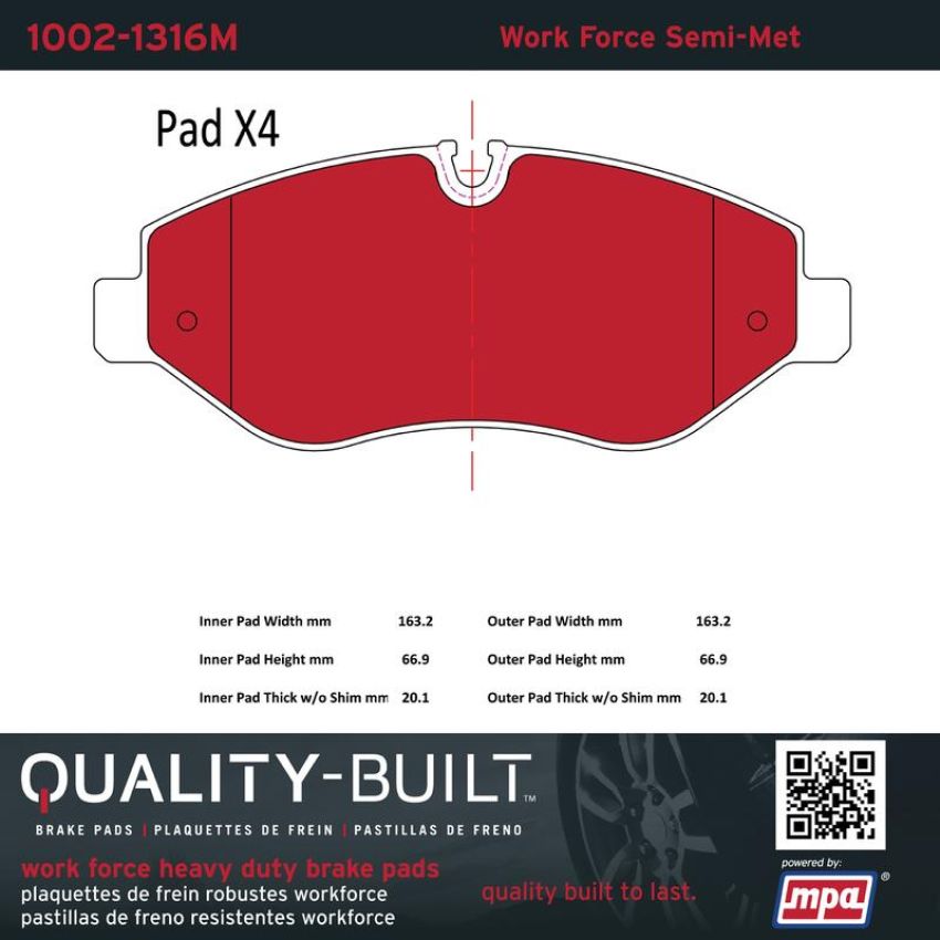 MPA 1002-1316M Quality-Built Work Force Heavy Duty Brake Pads w/ Hardware