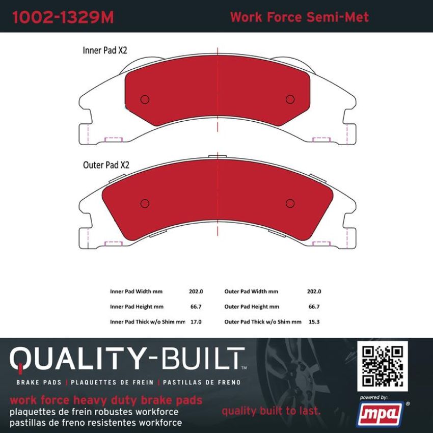 MPA 1002-1329M Quality-Built Work Force Heavy Duty Brake Pads w/ Hardware