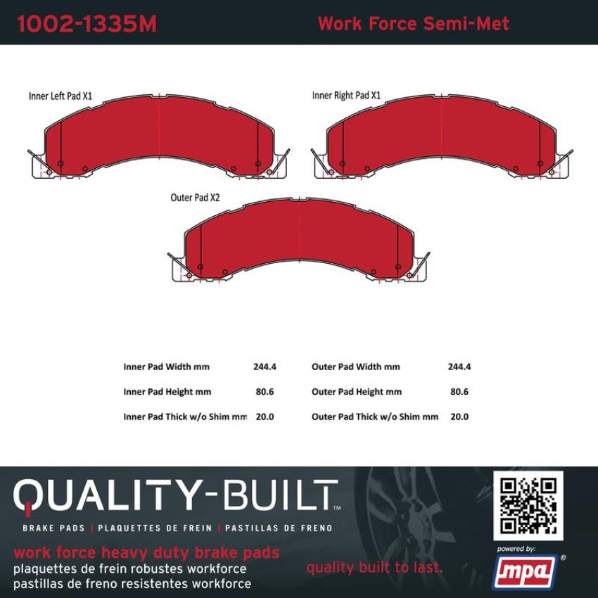 MPA 1002-1335M Quality-Built Work Force Heavy Duty Brake Pads w/ Hardware