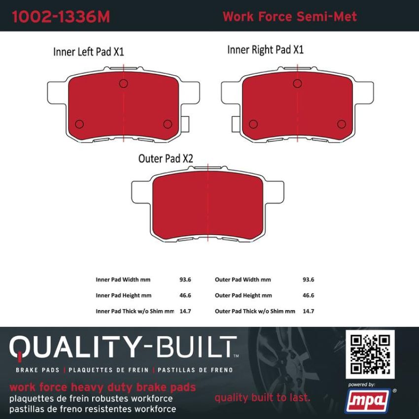 MPA 1002-1336M Quality-Built Work Force Heavy Duty Brake Pads w/ Hardware