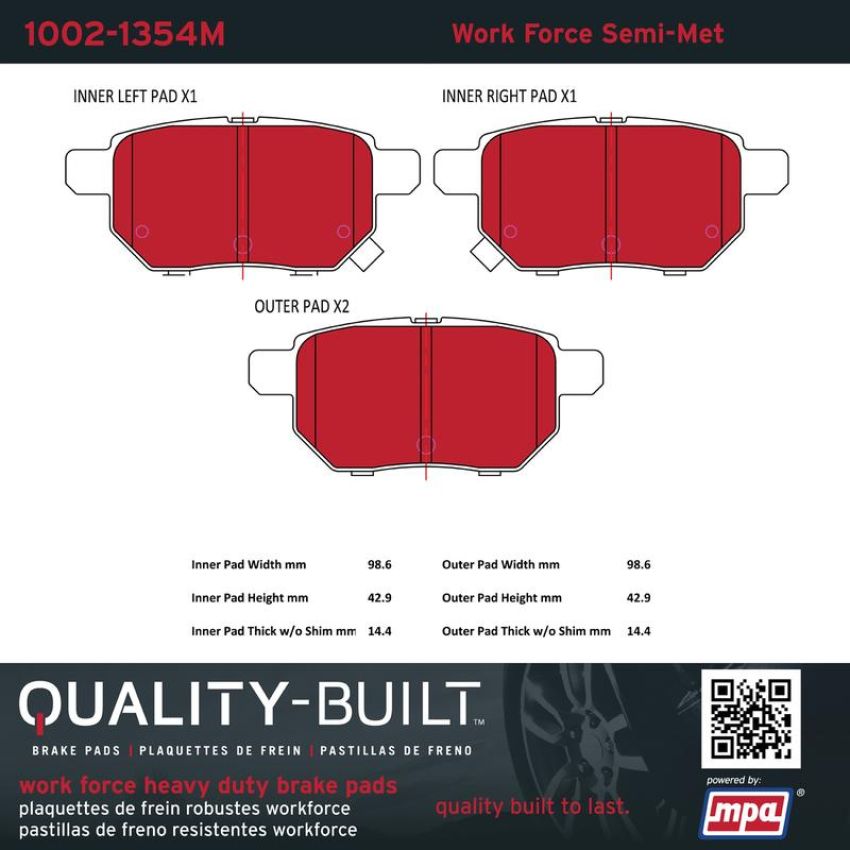 MPA 1002-1354M Quality-Built Work Force Heavy Duty Brake Pads w/ Hardware
