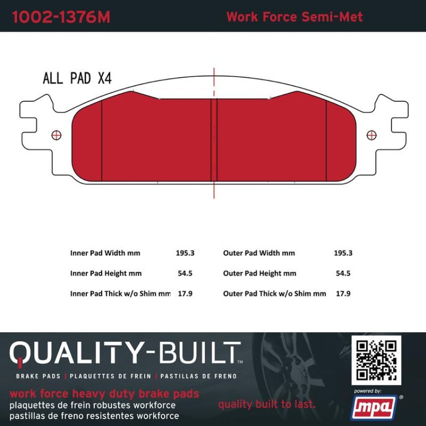 MPA 1002-1376M Quality-Built Work Force Heavy Duty Brake Pads w/ Hardware
