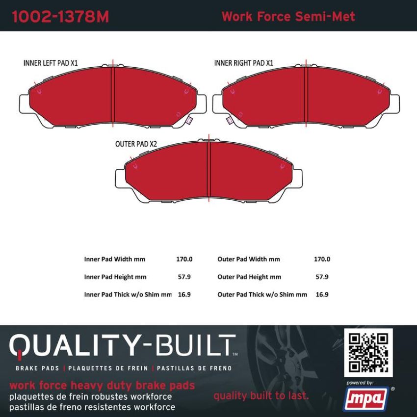 MPA 1002-1378M Quality-Built Work Force Heavy Duty Brake Pads w/ Hardware