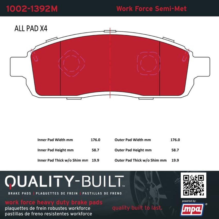 MPA 1002-1392M Quality-Built Work Force Heavy Duty Brake Pads w/ Hardware