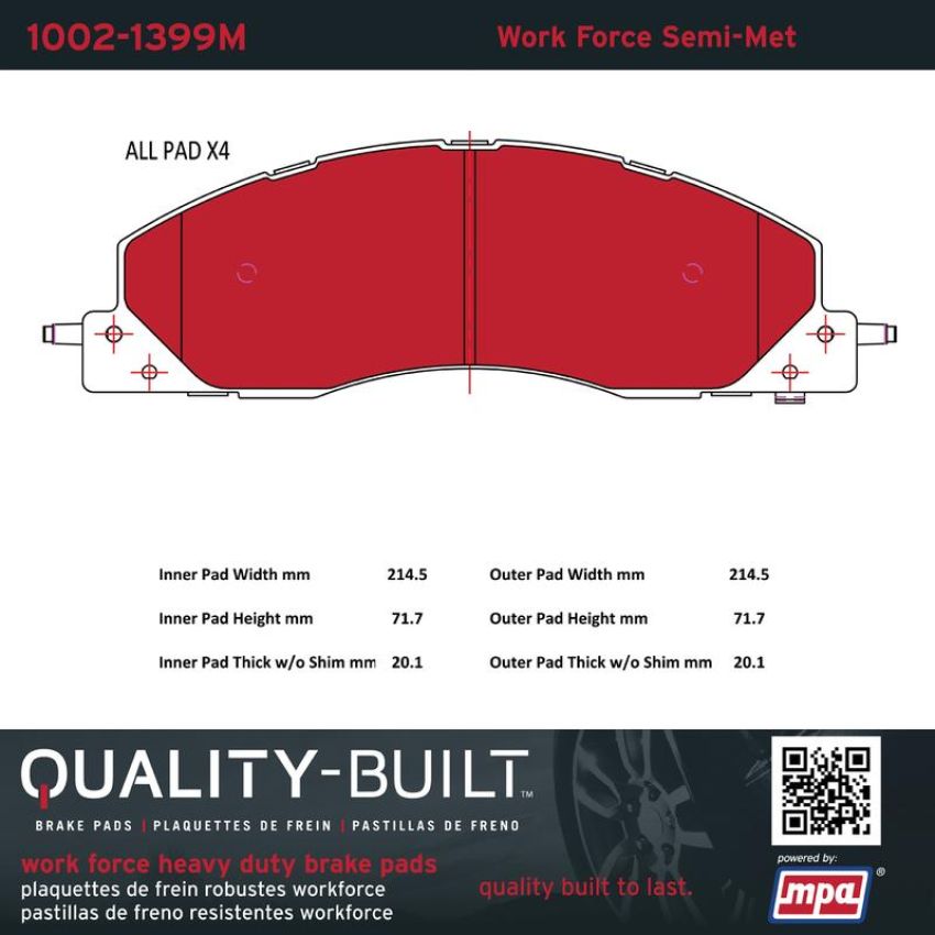 MPA 1002-1399M Quality-Built Work Force Heavy Duty Brake Pads w/ Hardware