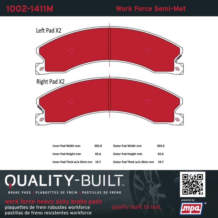 MPA 1002-1411M Quality-Built Work Force Heavy Duty Brake Pads w/ Hardware