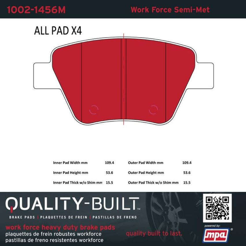 MPA 1002-1456M Quality-Built Work Force Heavy Duty Brake Pads w/ Hardware
