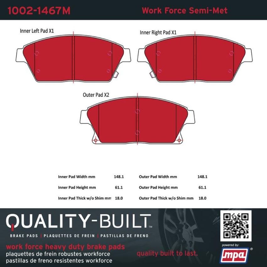 MPA 1002-1467M Quality-Built Work Force Heavy Duty Brake Pads w/ Hardware