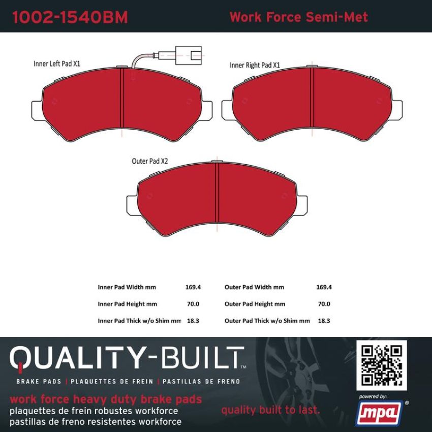 MPA 1002-1540BM Quality-Built Work Force Heavy Duty Brake Pads