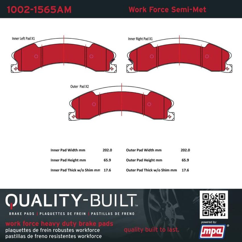 MPA 1002-1565AM Quality-Built Work Force Heavy Duty Brake Pads w/ Hardware