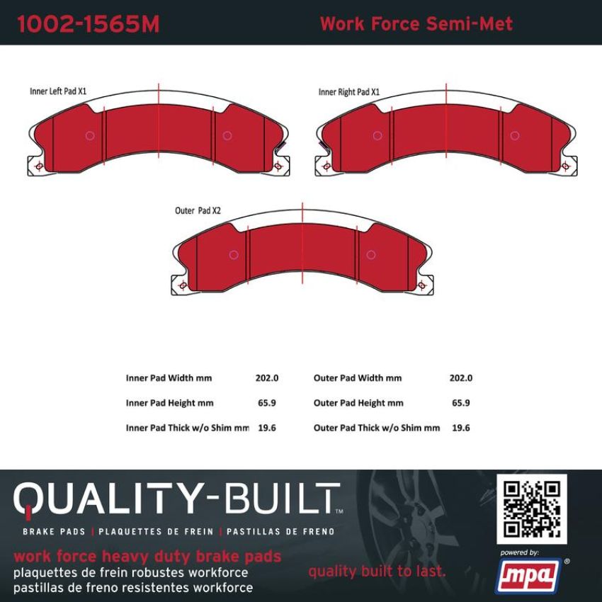 MPA 1002-1565M Quality-Built Work Force Heavy Duty Brake Pads w/ Hardware