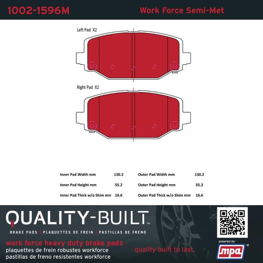 MPA 1002-1596M Quality-Built Work Force Heavy Duty Brake Pads w/ Hardware