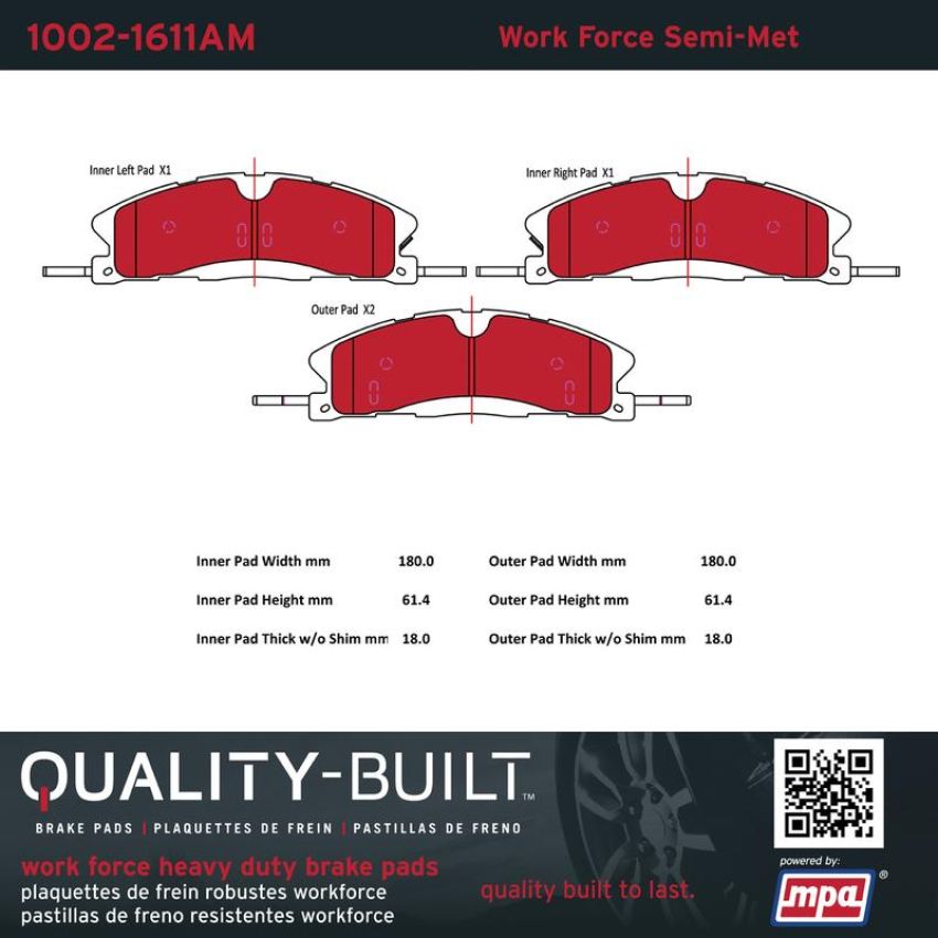 MPA 1002-1611AM Quality-Built Work Force Heavy Duty Brake Pads w/ Hardware