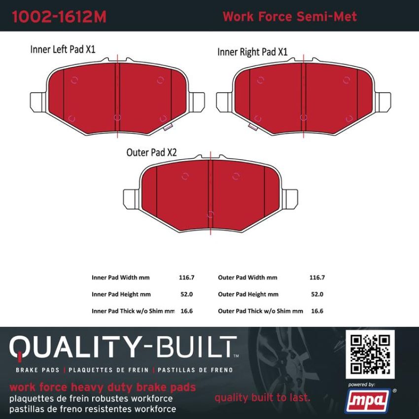 MPA 1002-1612M Quality-Built Work Force Heavy Duty Brake Pads w/ Hardware