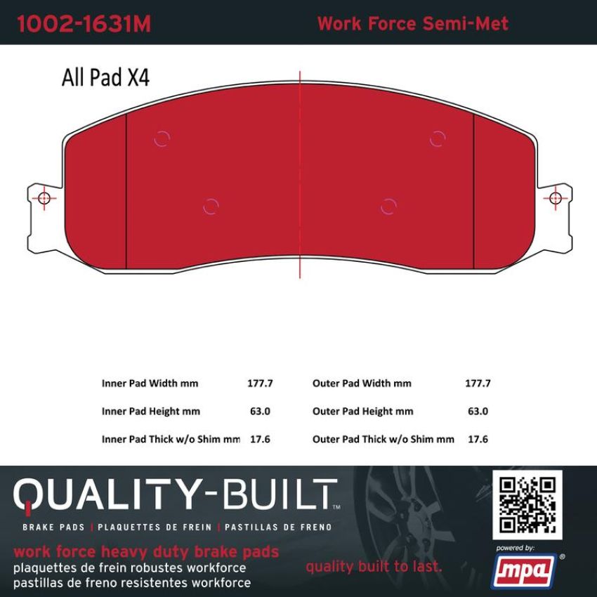MPA 1002-1631M Quality-Built Work Force Heavy Duty Brake Pads w/ Hardware