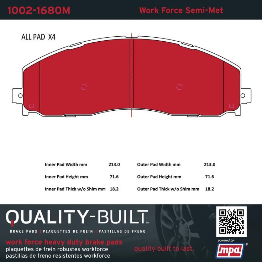 MPA 1002-1680M Quality-Built Work Force Heavy Duty Brake Pads w/ Hardware