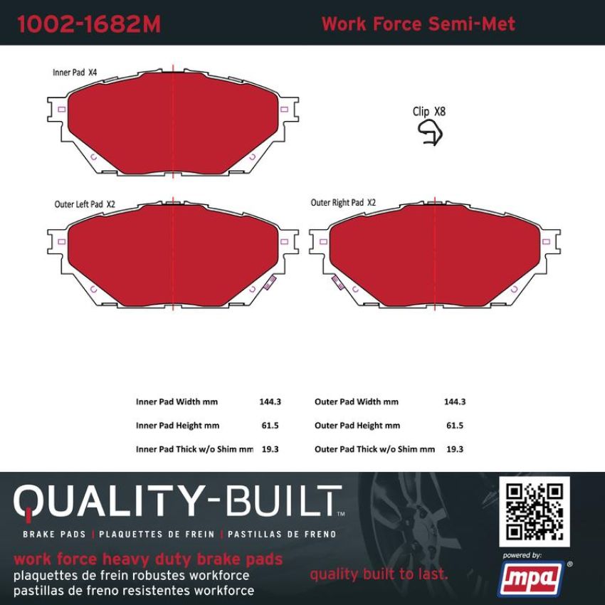 MPA 1002-1682M Quality-Built Work Force Heavy Duty Brake Pads w/ Hardware