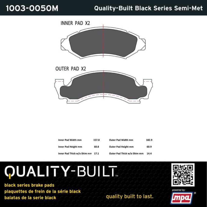 MPA 1003-0050M Quality-Built Black Series Semi-Metallic Brake Pads w/ Hardware