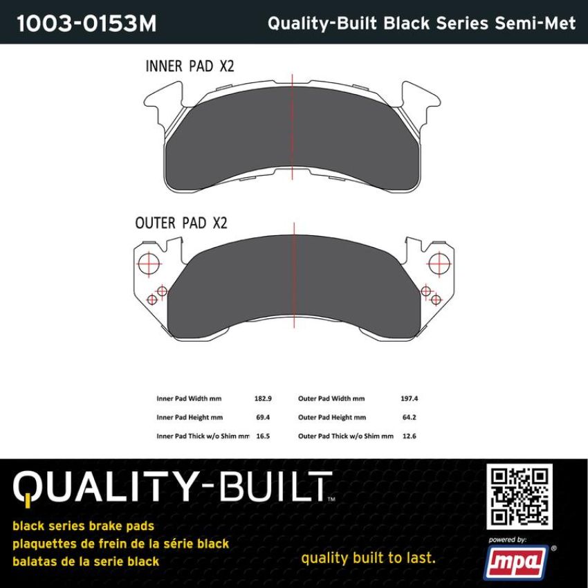 MPA 1003-0153M Quality-Built Black Series Semi-Metallic Brake Pads w/ Hardware
