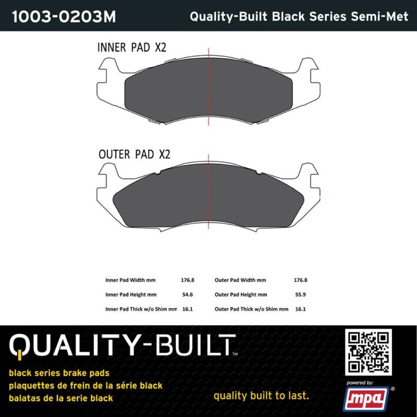 MPA 1003-0203M Quality-Built Black Series Semi-Metallic Brake Pads w/ Hardware