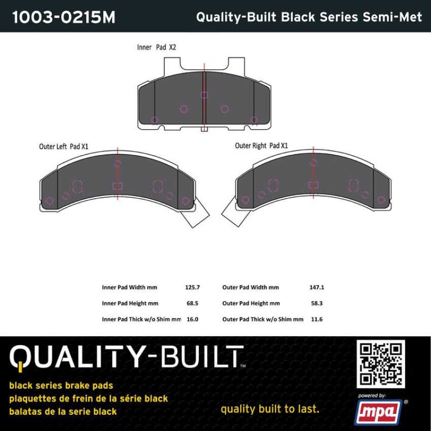 MPA 1003-0215M Quality-Built Black Series Semi-Metallic Brake Pads w/ Hardware