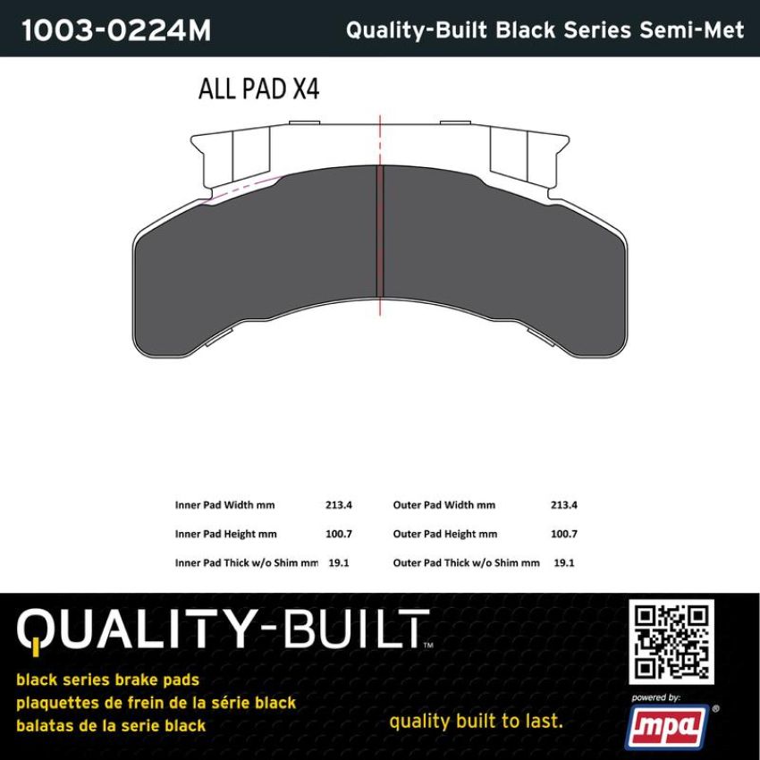 MPA 1003-0224M Quality-Built Black Series Semi-Metallic Brake Pads w/ Hardware