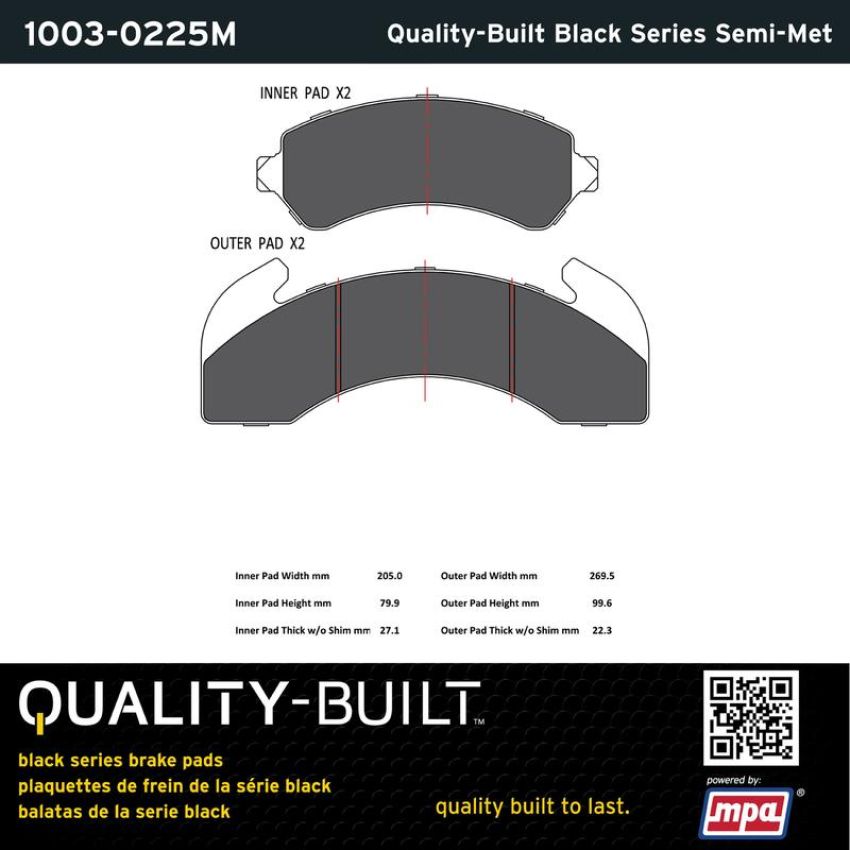 MPA 1003-0225M Quality-Built Black Series Semi-Metallic Brake Pads