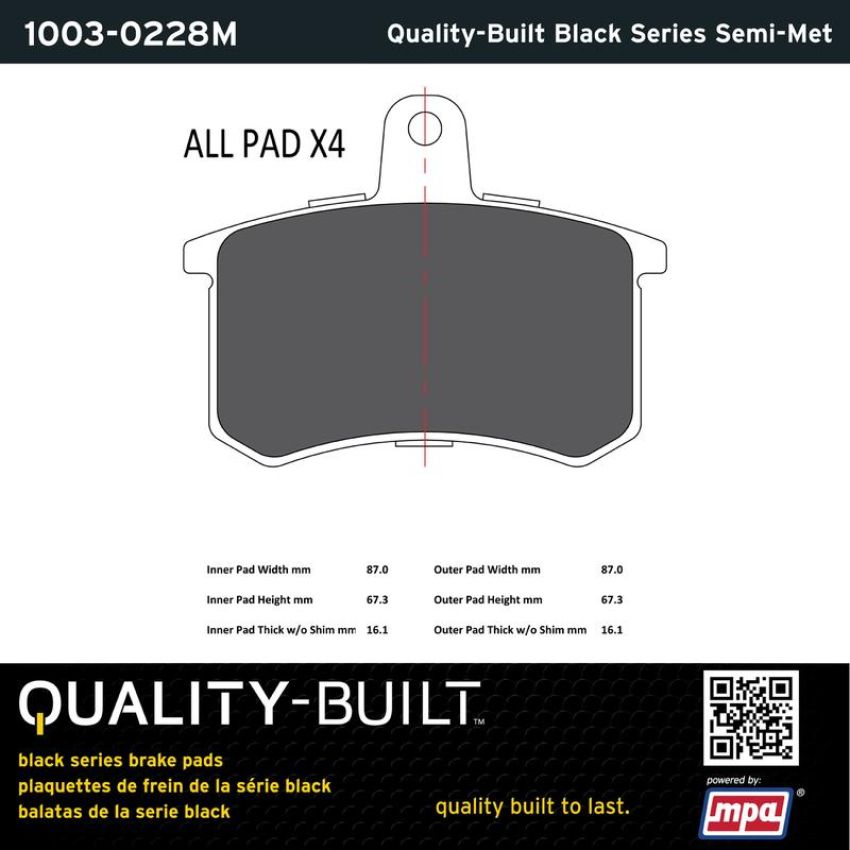 MPA 1003-0228M Quality-Built Black Series Semi-Metallic Brake Pads w/ Hardware