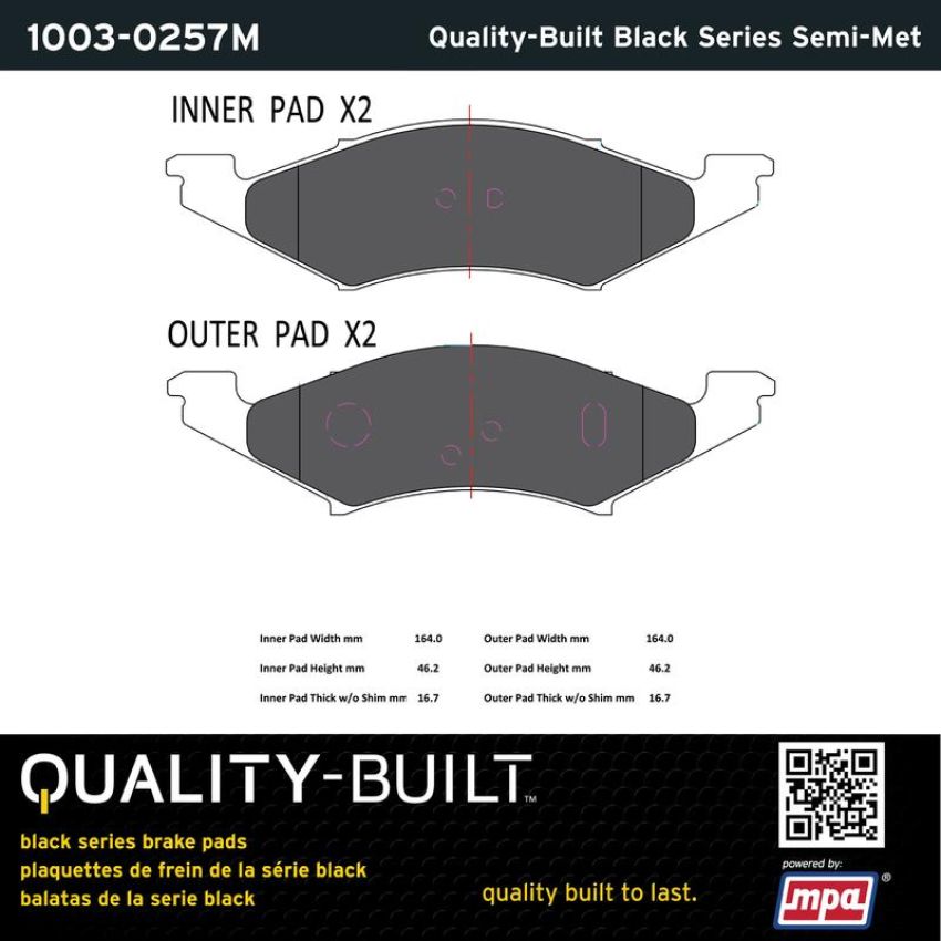 MPA 1003-0257M Quality-Built Black Series Semi-Metallic Brake Pads w/ Hardware
