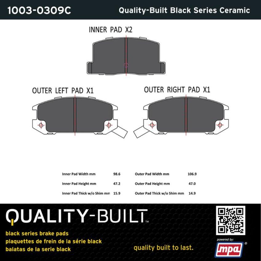 MPA 1003-0309C Quality-Built Black Series Ceramic Brake Pads w/ Hardware