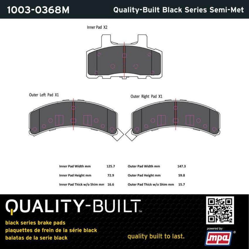 MPA 1003-0368M Quality-Built Black Series Semi-Metallic Brake Pads w/ Hardware
