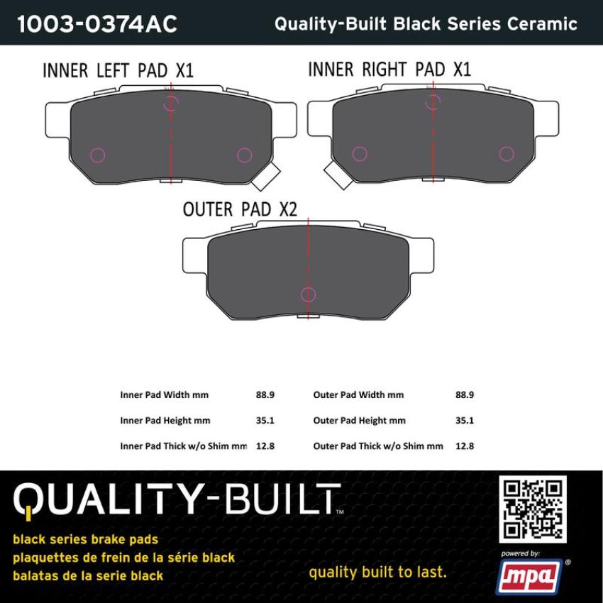 MPA 1003-0374AC Quality-Built Black Series Ceramic Brake Pads w/ Hardware