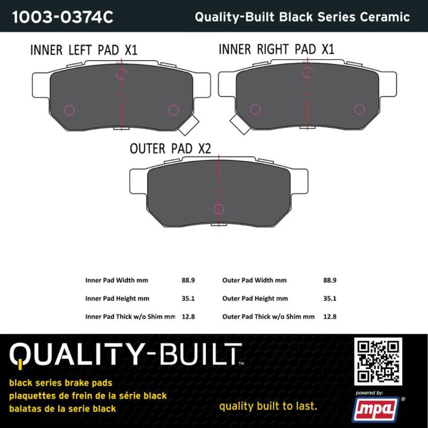 MPA 1003-0374C Quality-Built Black Series Ceramic Brake Pads w/ Hardware