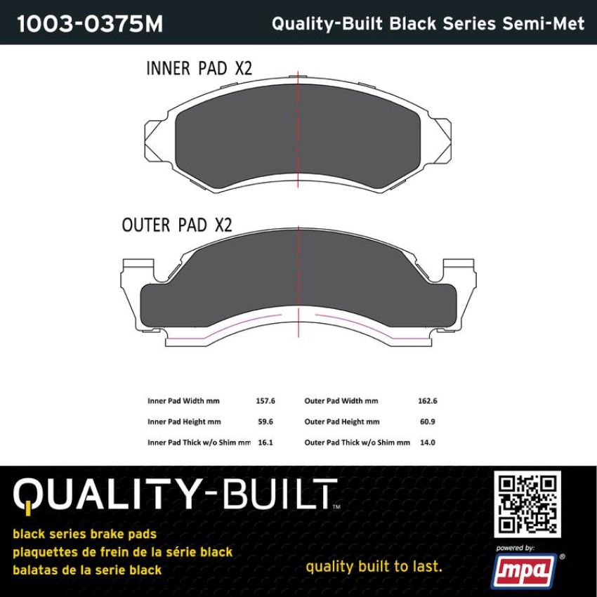 MPA 1003-0375M Quality-Built Black Series Semi-Metallic Brake Pads w/ Hardware
