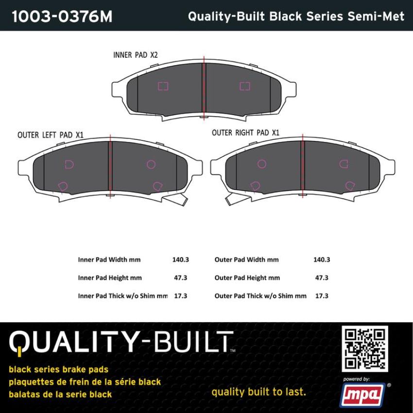MPA 1003-0376M Quality-Built Black Series Semi-Metallic Brake Pads w/ Hardware