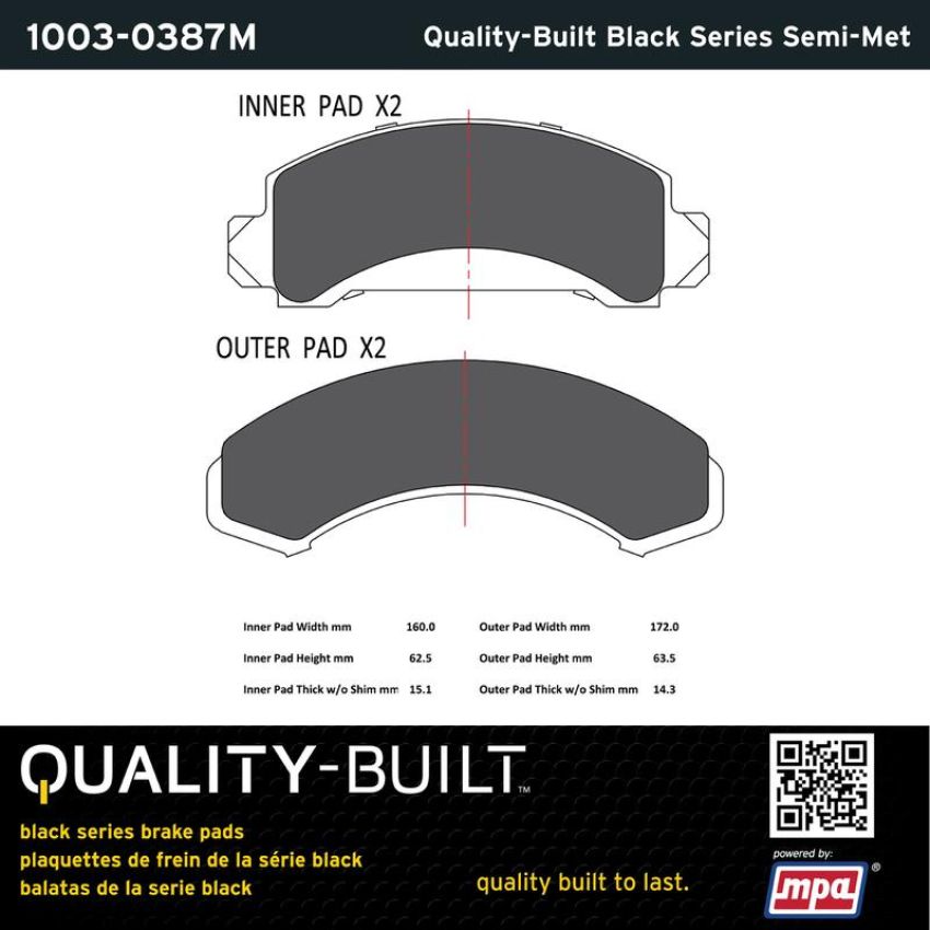 MPA 1003-0387M Quality-Built Black Series Semi-Metallic Brake Pads w/ Hardware