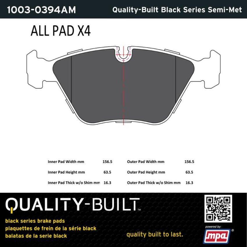 MPA 1003-0394AM Quality-Built Black Series Semi-Metallic Brake Pads w/ Hardware