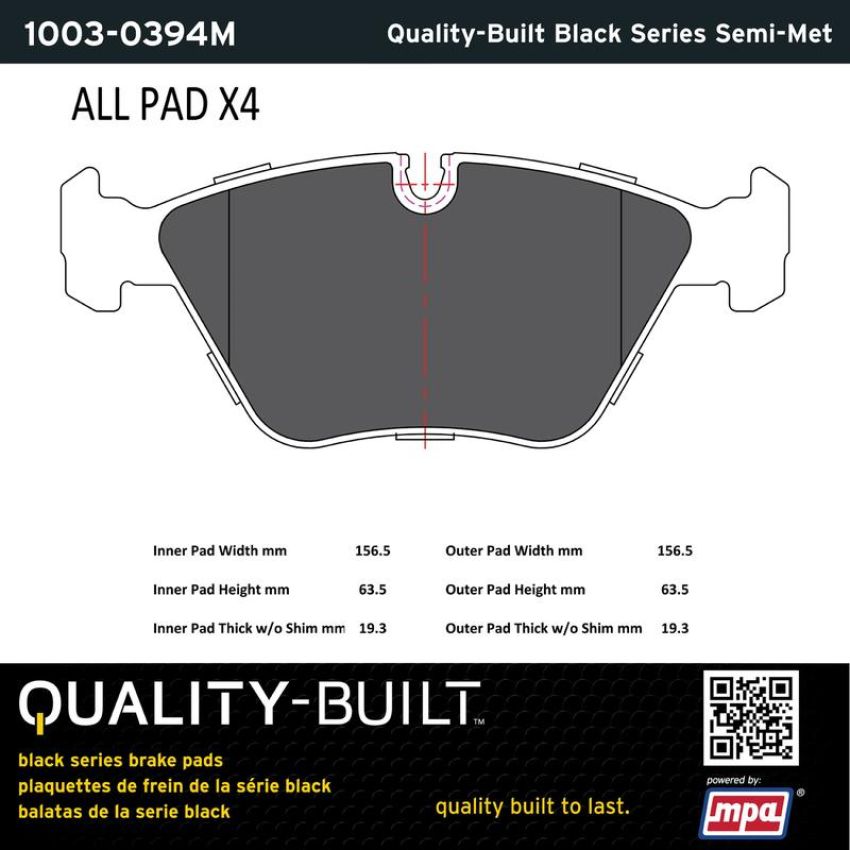 MPA 1003-0394M Quality-Built Black Series Semi-Metallic Brake Pads w/ Hardware
