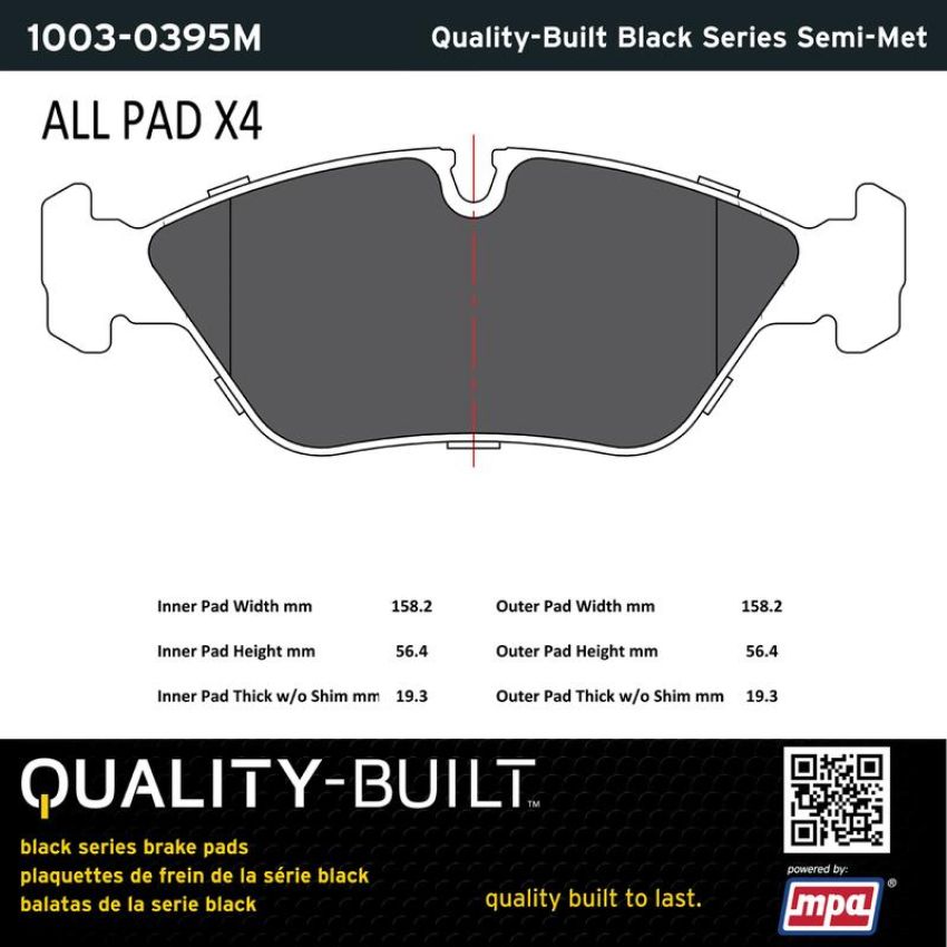 MPA 1003-0395M Quality-Built Black Series Semi-Metallic Brake Pads w/ Hardware