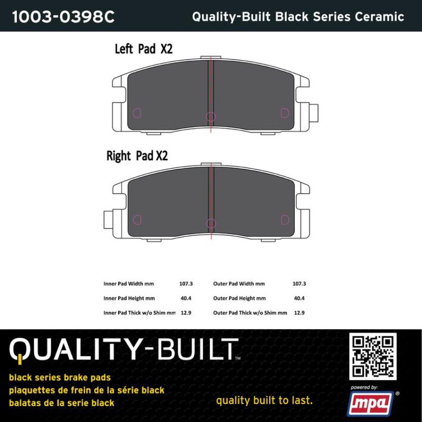 MPA 1003-0398C Quality-Built Black Series Ceramic Brake Pads w/ Hardware
