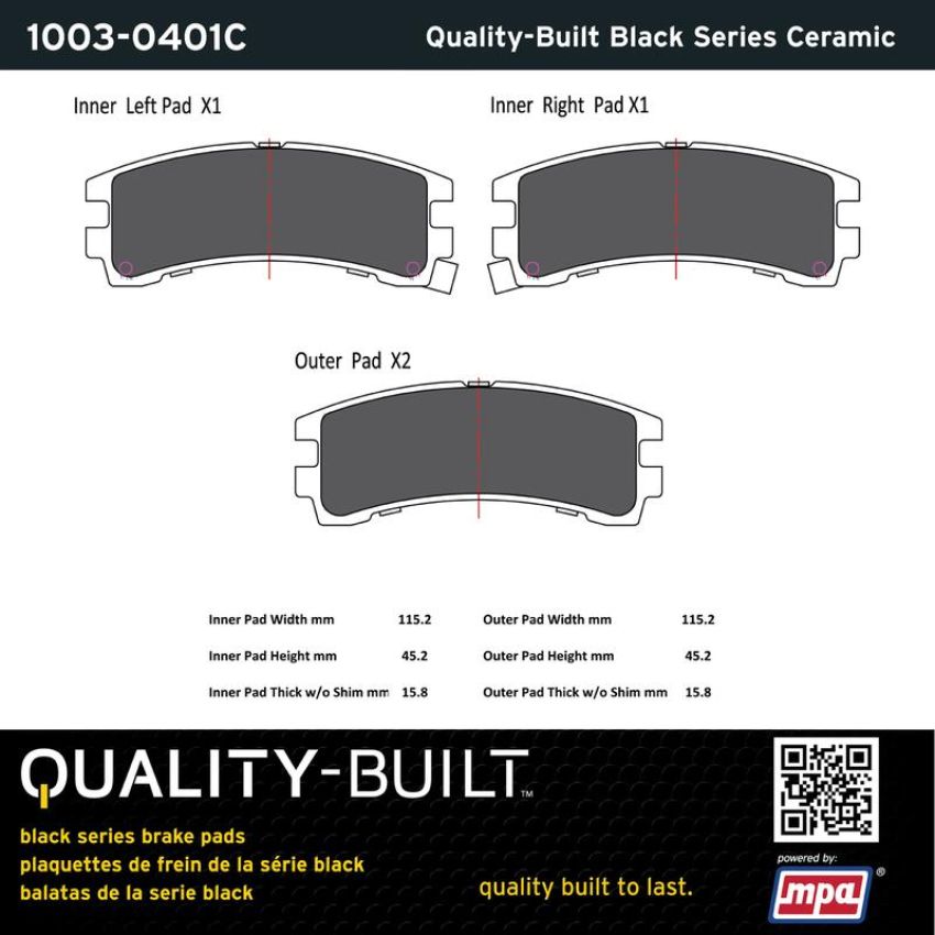 MPA 1003-0401C Quality-Built Black Series Ceramic Brake Pads w/ Hardware