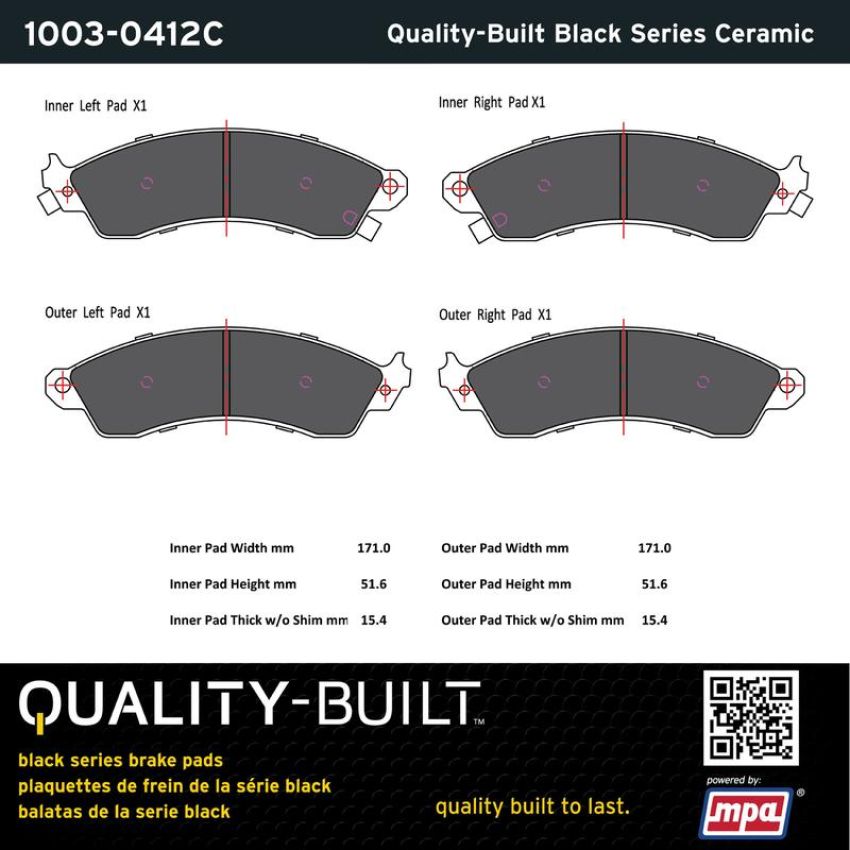 MPA 1003-0412C Quality-Built Black Series Ceramic Brake Pads w/ Hardware