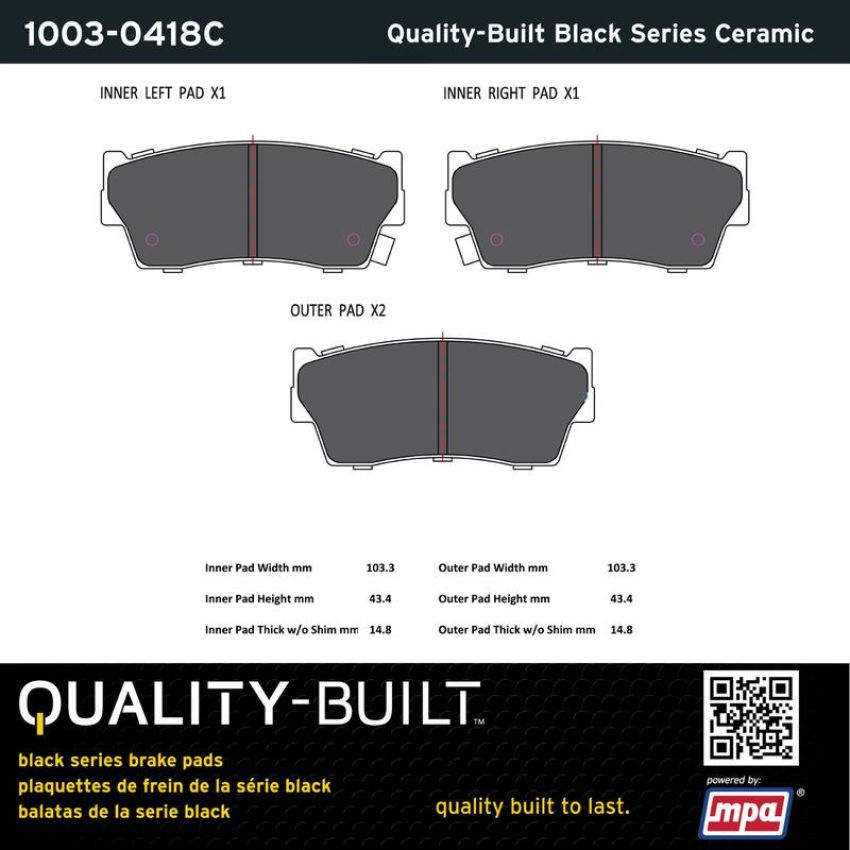 MPA 1003-0418C Quality-Built Black Series Ceramic Brake Pads w/ Hardware