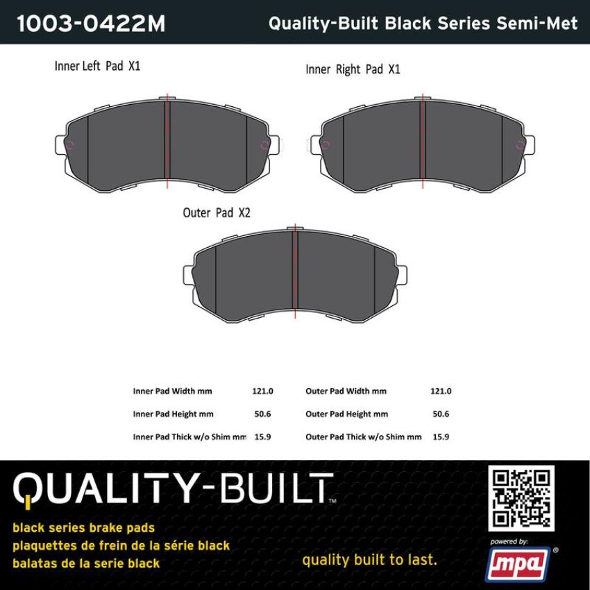 MPA 1003-0422M Quality-Built Black Series Semi-Metallic Brake Pads w/ Hardware