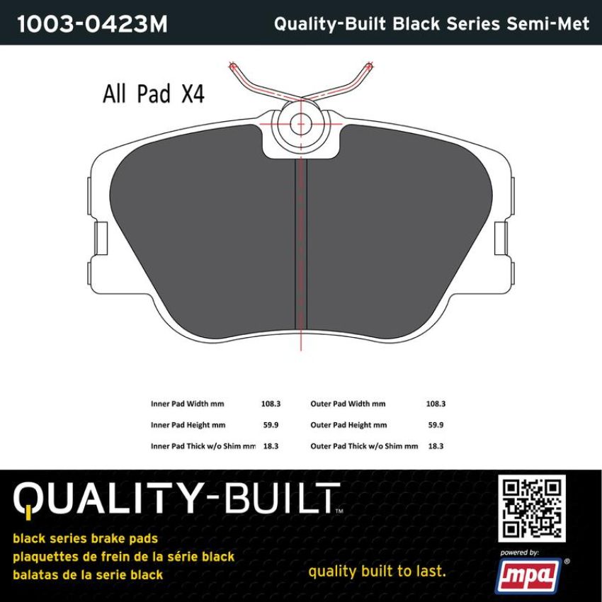 MPA 1003-0423M Quality-Built Black Series Semi-Metallic Brake Pads w/ Hardware
