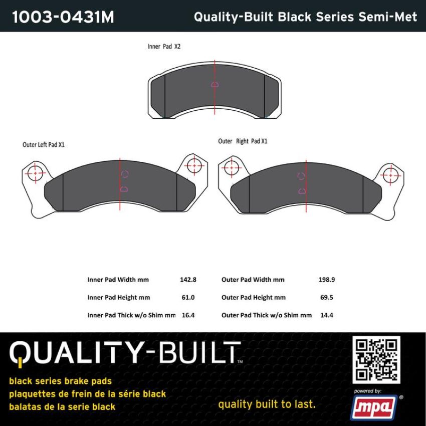 MPA 1003-0431M Quality-Built Black Series Semi-Metallic Brake Pads w/ Hardware