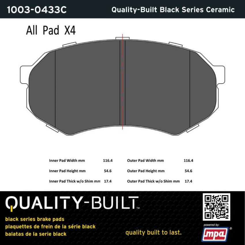 MPA 1003-0433C Quality-Built Black Series Ceramic Brake Pads w/ Hardware